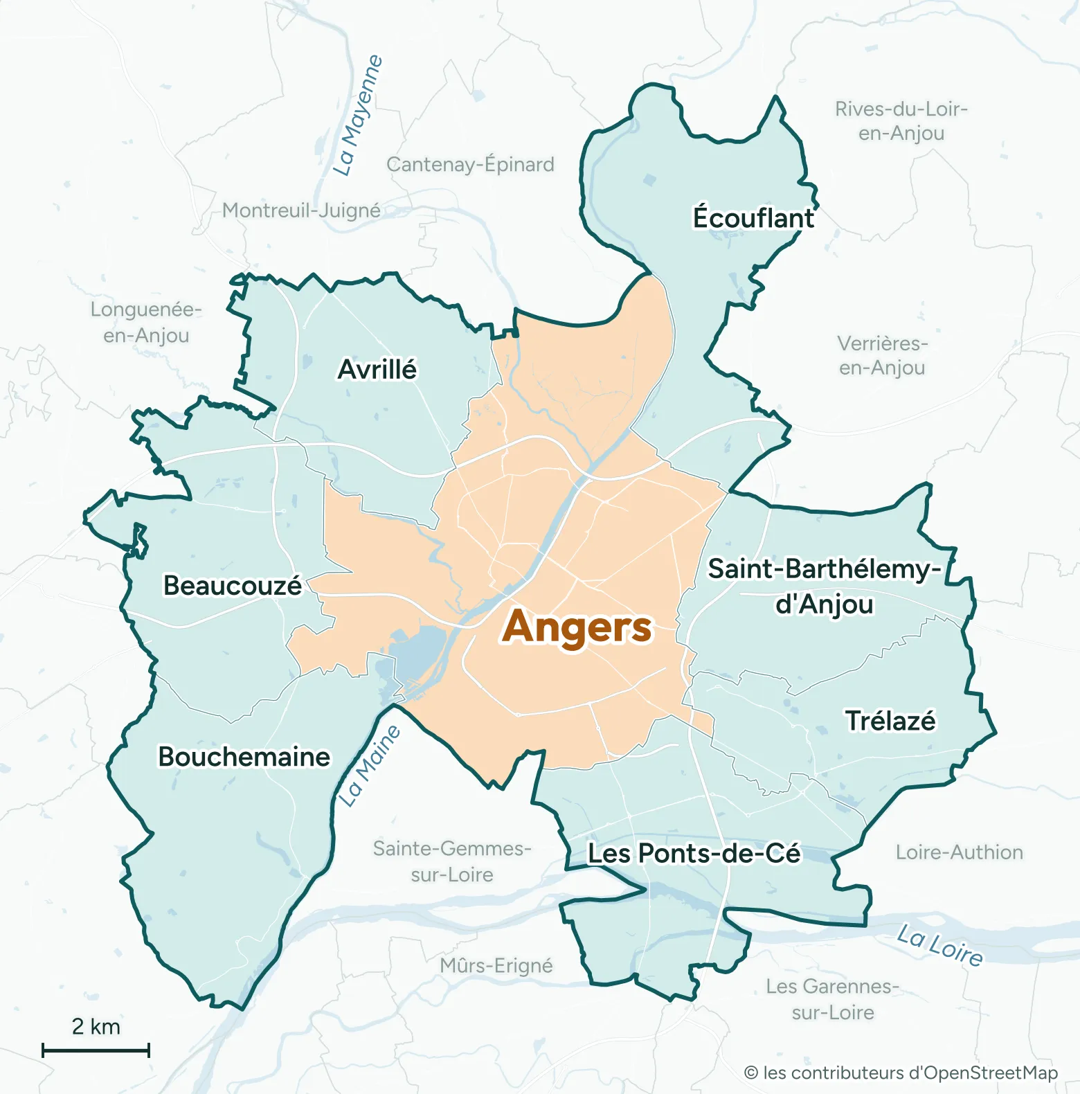 Carte : Angers au centre, entourée d'Avrillé, Écouflant, Saint-Barthélemy-d'Anjou, Trélazé, Les Ponts-de-Cé, Bouchemaine et Beaucouzé